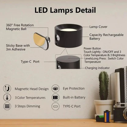 Rechargeable Wall Lamp with 360-Degree Rotation and Three Color Temperatures