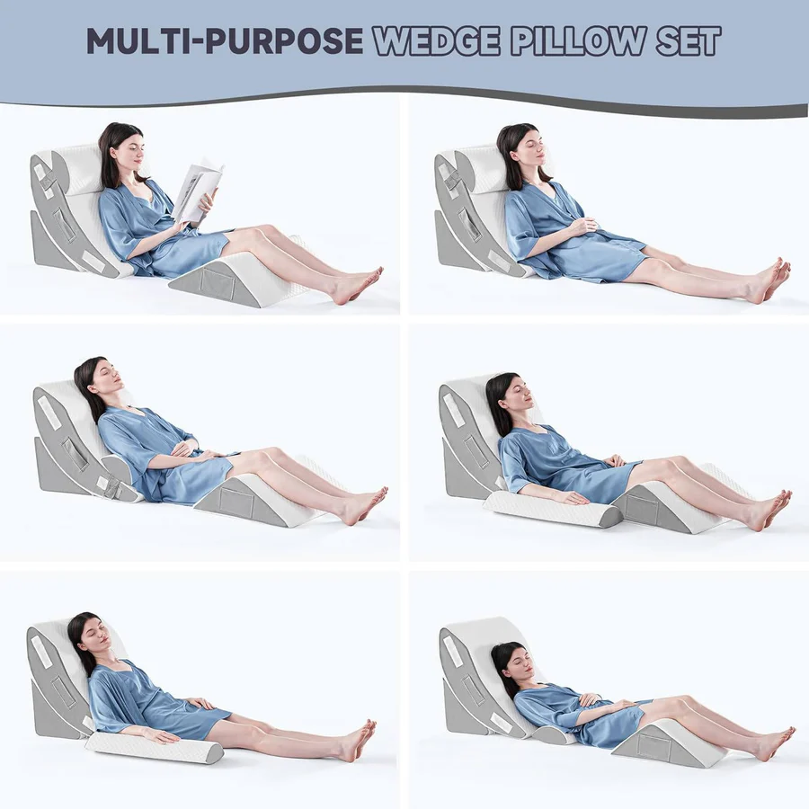 Memory Foam Bed Wedge Set with Adjustable Strips and Washable Cover, 4 Piece