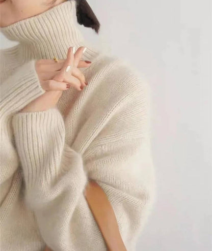 Women's Turtleneck Sweater with Stretch Knit and Full Length Sleeves, Loose Fit
