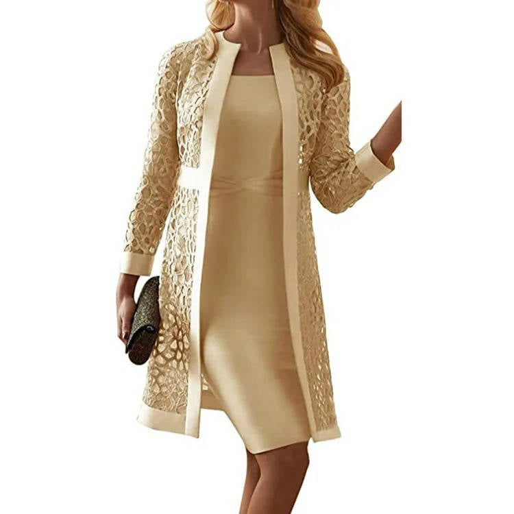 Mother of Bride Two Piece Set with a Knee Length Sheath Dress and Open Front Floral Lace Jacket