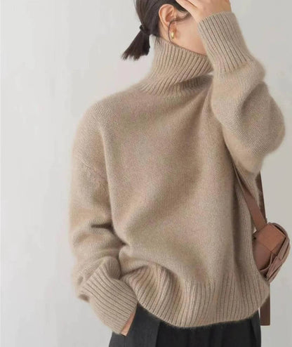 Women's Turtleneck Sweater with Stretch Knit and Full Length Sleeves, Loose Fit