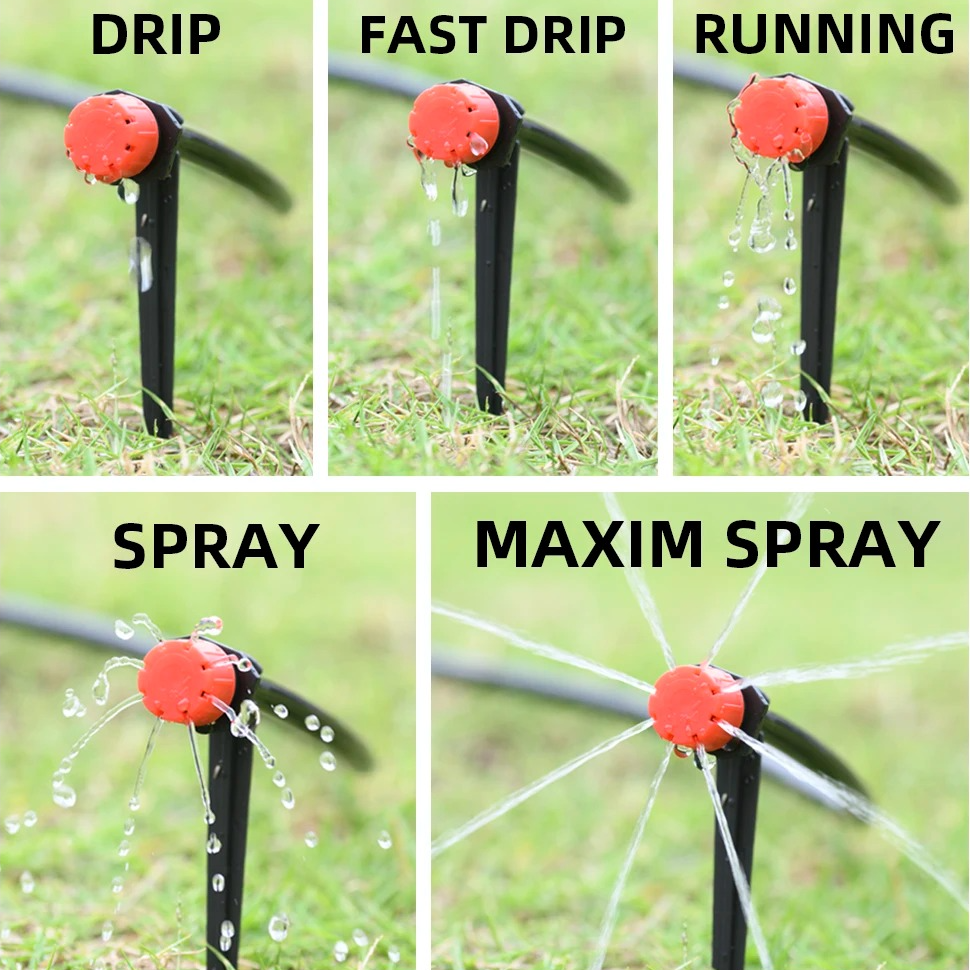 Drip Irrigation Timer System with Drip Heads and Adjustable Flow Levels