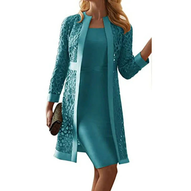 Mother of Bride Two Piece Set with a Knee Length Sheath Dress and Open Front Floral Lace Jacket