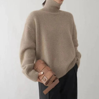 Women's Turtleneck Sweater with Stretch Knit and Full Length Sleeves, Loose Fit