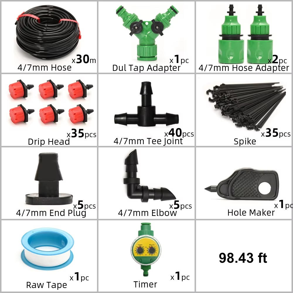 Drip Irrigation Timer System with Drip Heads and Adjustable Flow Levels
