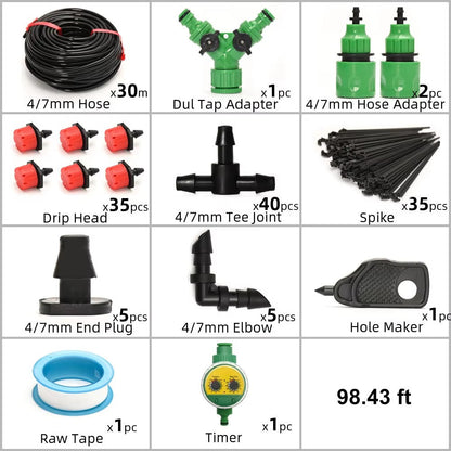 Drip Irrigation Timer System with Drip Heads and Adjustable Flow Levels