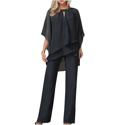 Women’s Chiffon Pantsuit with Wing Shaped Sleeves and Round Neckline