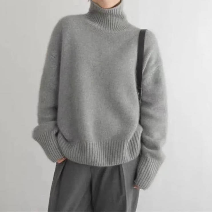 Women's Turtleneck Sweater with Stretch Knit and Full Length Sleeves, Loose Fit
