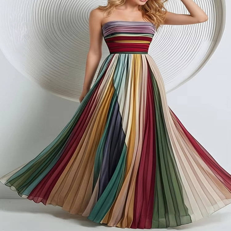 Strapless Maxi Dress with Internal Boning and Vertical Stripe Design, Floor Length