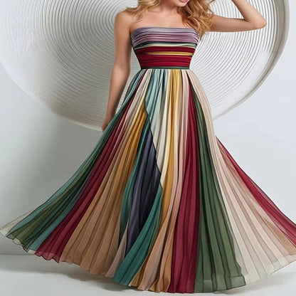 Strapless Maxi Dress with Internal Boning and Vertical Stripe Design, Floor Length