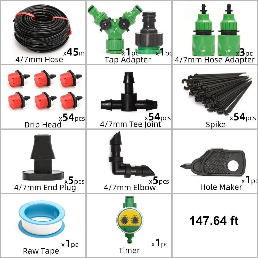 Drip Irrigation Timer System with Drip Heads and Adjustable Flow Levels