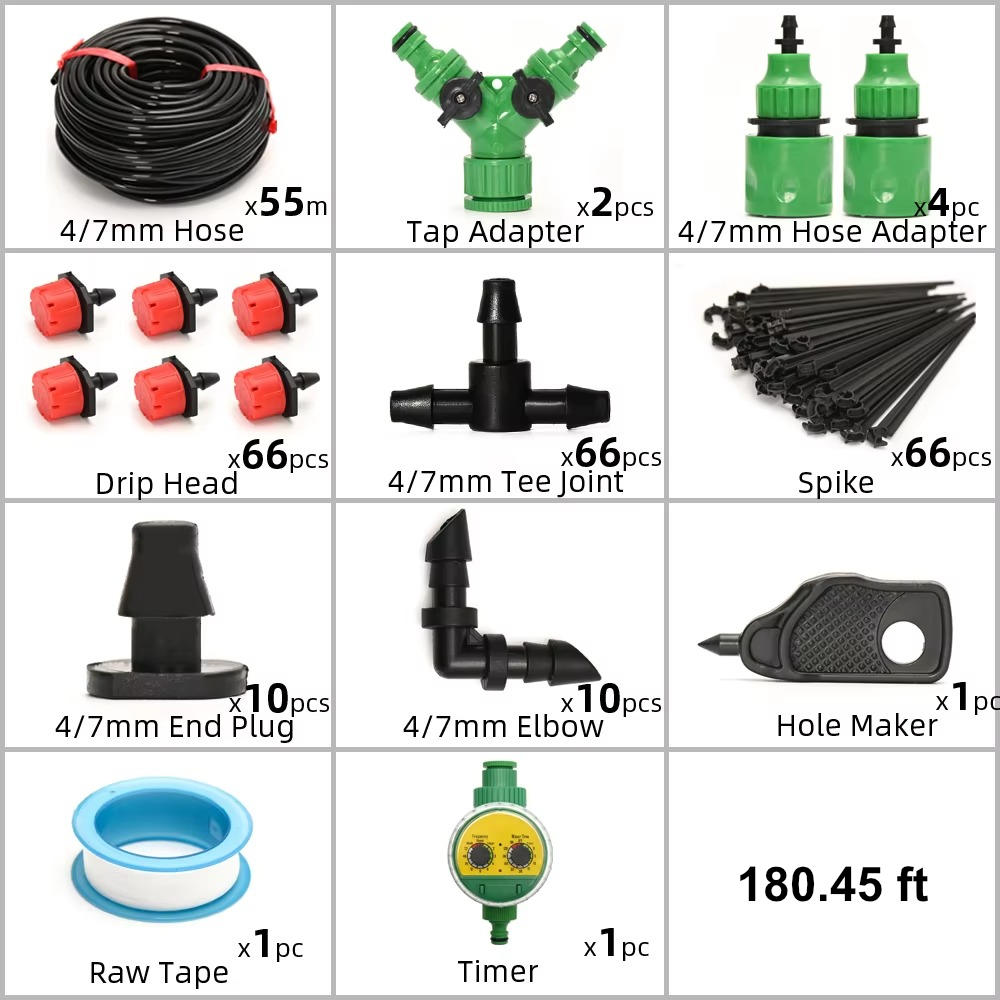 Drip Irrigation Timer System with Drip Heads and Adjustable Flow Levels