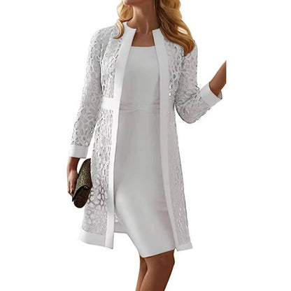 Mother of Bride Two Piece Set with a Knee Length Sheath Dress and Open Front Floral Lace Jacket