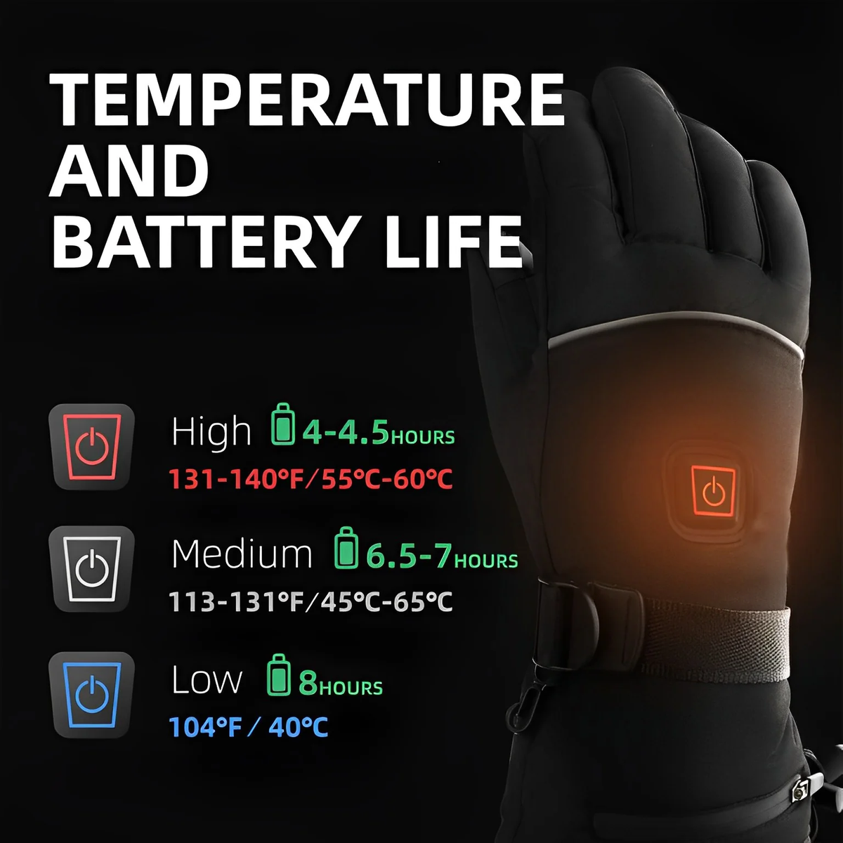 Rechargeable Heated Gloves with Carbon Fiber Elements and Touchscreen Tips, 8-Hour Battery