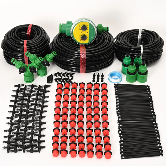 Drip Irrigation Timer System with Drip Heads and Adjustable Flow Levels