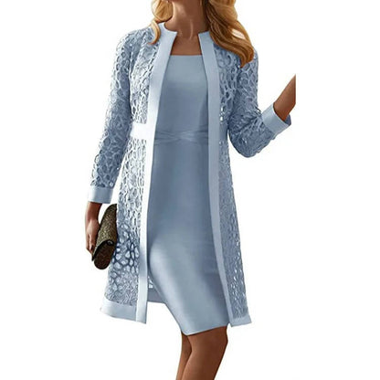 Mother of Bride Two Piece Set with a Knee Length Sheath Dress and Open Front Floral Lace Jacket