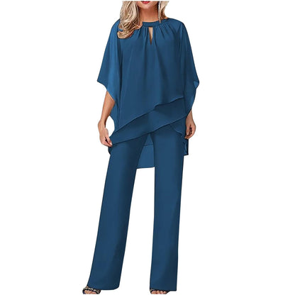 Women’s Chiffon Pantsuit with Wing Shaped Sleeves and Round Neckline