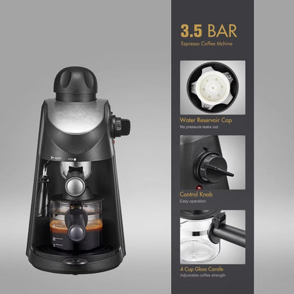Steam Powered Espresso Machine with Milk Frother and Four Cup Capacity