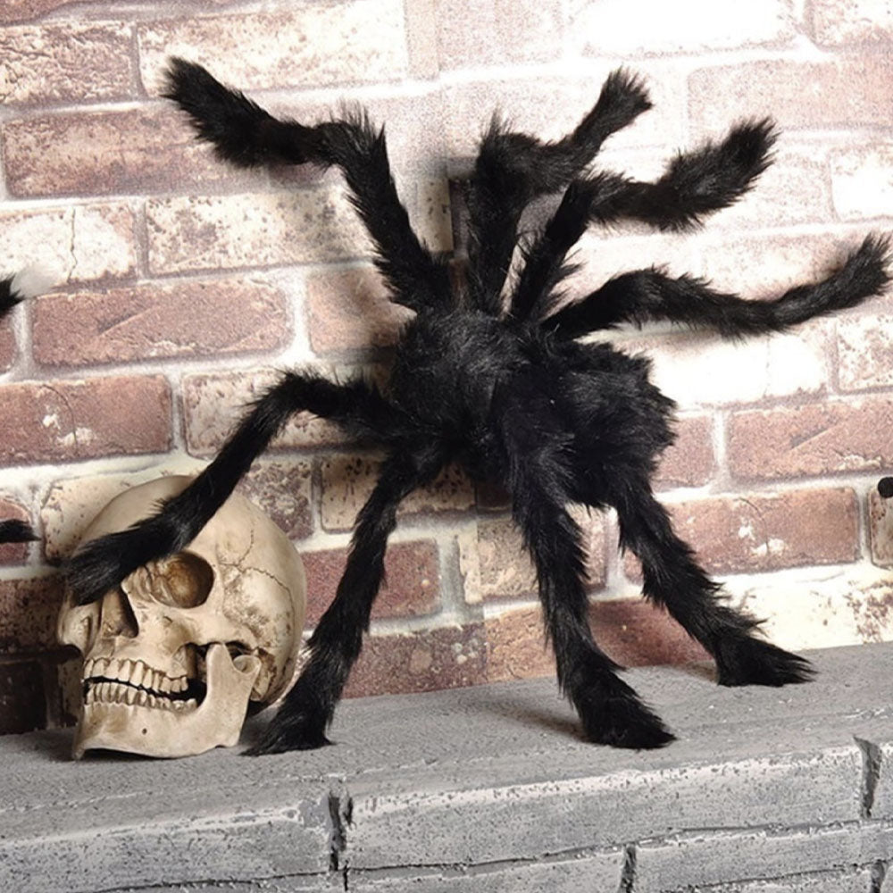 Jumbo Hairy Black Spider Prop with Red Eyes and Posable Legs, 29.5 Inches Tall