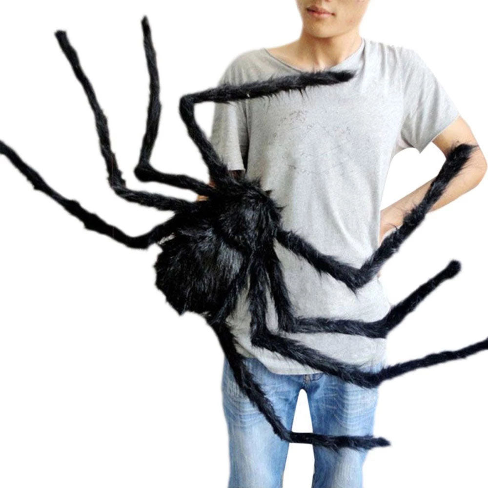 Jumbo Hairy Black Spider Prop with Red Eyes and Posable Legs, 29.5 Inches Tall