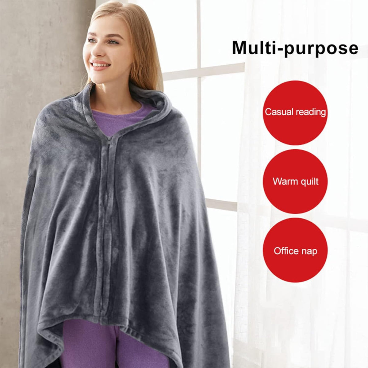 Portable Heated Shawl with Zipper Closure and Three Heat Levels, Machine Washable