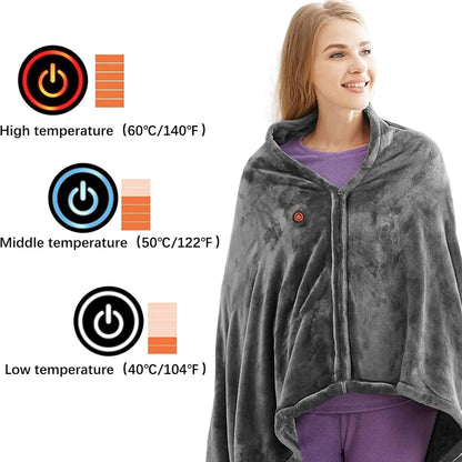 Portable Heated Shawl with Zipper Closure and Three Heat Levels, Machine Washable