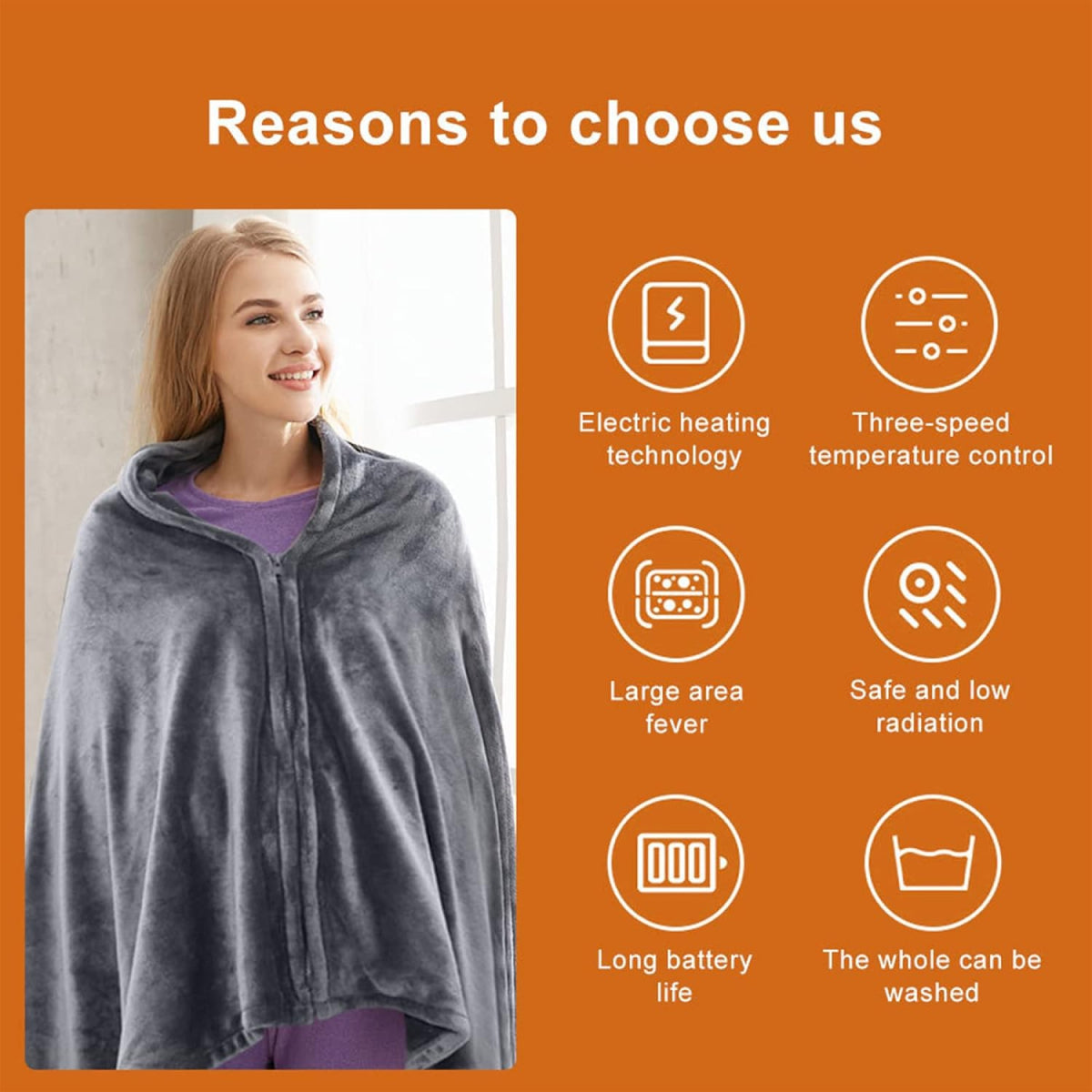 Portable Heated Shawl with Zipper Closure and Three Heat Levels, Machine Washable