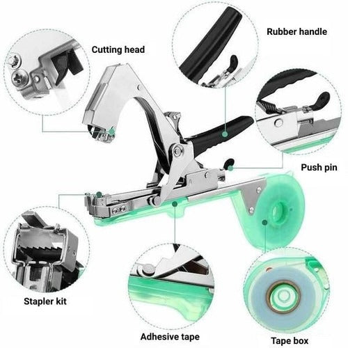 Garden Plant Tie Tool with Stainless Steel Frame and Integrated Cutting Blade