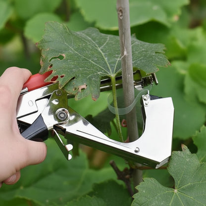 Garden Plant Tie Tool with Stainless Steel Frame and Integrated Cutting Blade