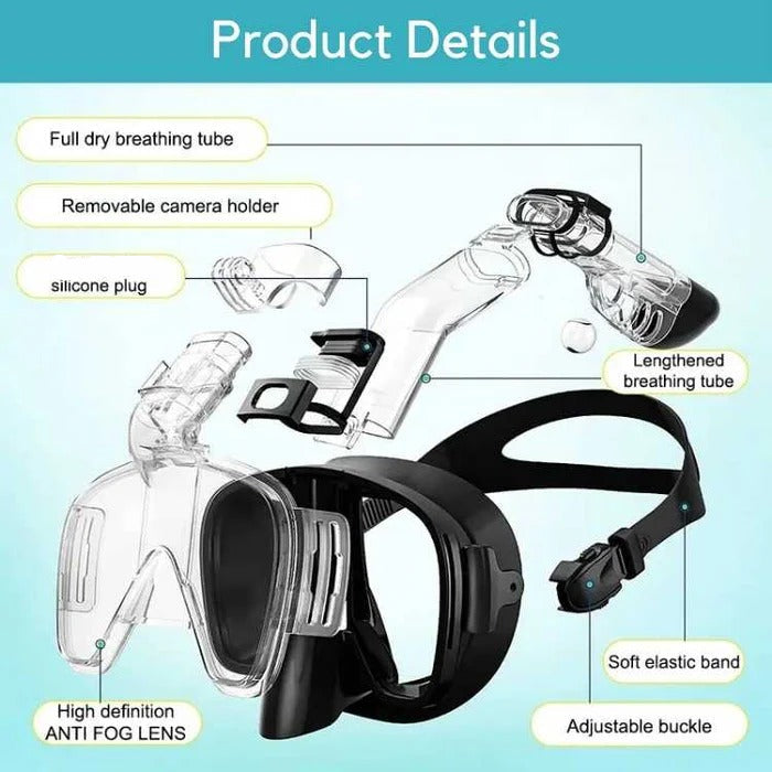 Full Face Snorkeling Mask with Dry Top Breathing Tube and 180 Degree Panoramic Lenses