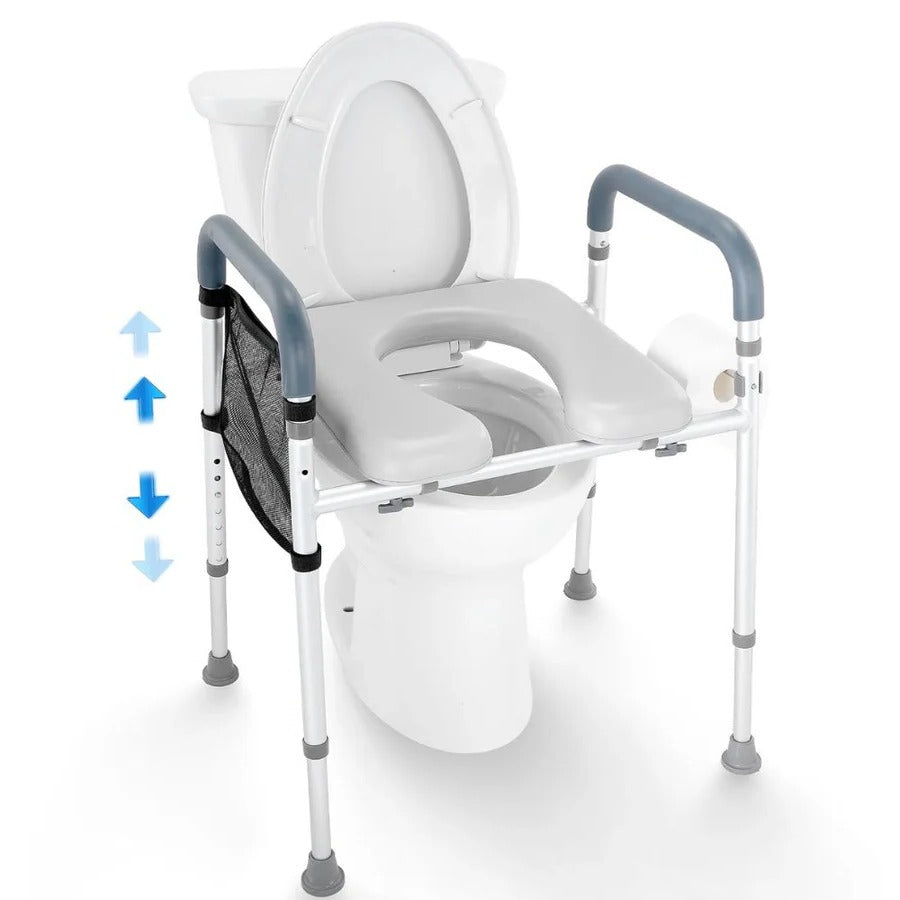 Adjustable Raised Toilet Seat with Padded Armrests and Height Control