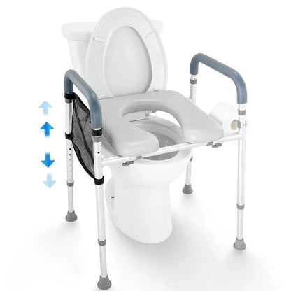 Adjustable Raised Toilet Seat with Padded Armrests and Height Control