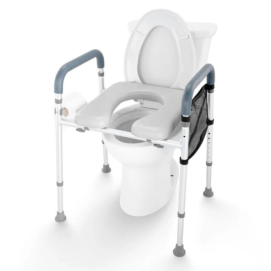Adjustable Raised Toilet Seat with Padded Armrests and Height Control