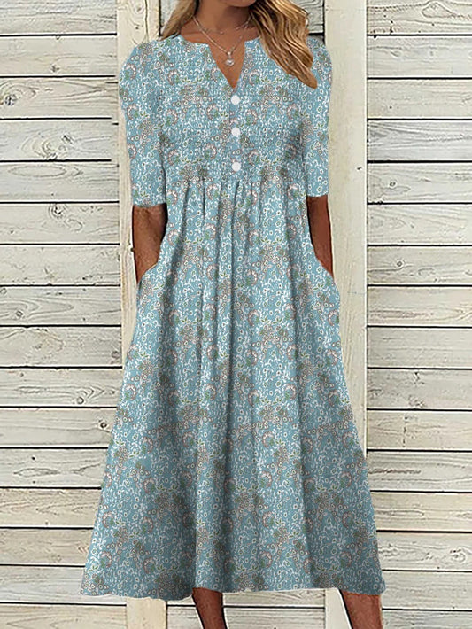 Floral Midi Dress with V-Neckline and Half Sleeves, Lightweight Breathable Fabric