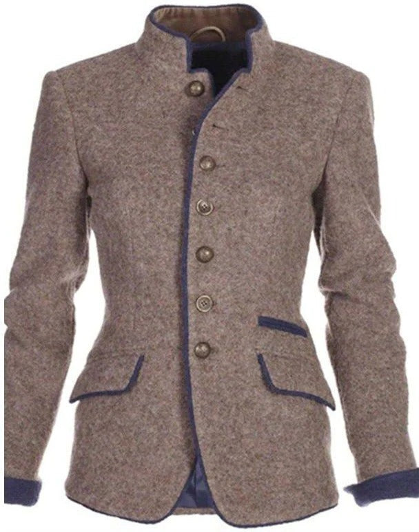 Two Tone Tailored Blazer with Stand Collar and Button Front, Cropped Waist