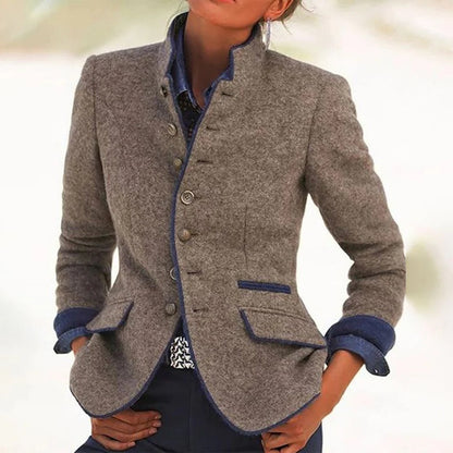 Two Tone Tailored Blazer with Stand Collar and Button Front, Cropped Waist