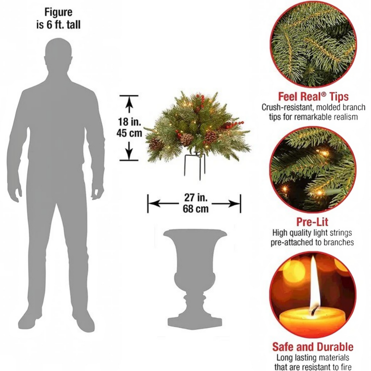 Pre-Lit Evergreen Urn Filler with 35 Warm White Lights and Timer Function