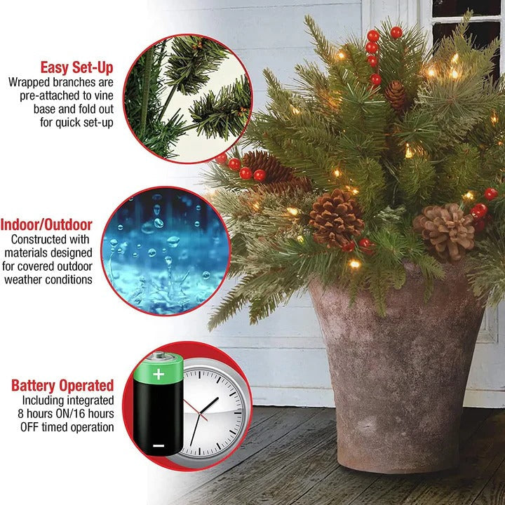 Pre-Lit Evergreen Urn Filler with 35 Warm White Lights and Timer Function