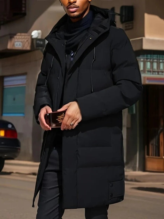 Mens Hooded Cold Weather Jacket in Long Style with Front Closure and Outer Pockets