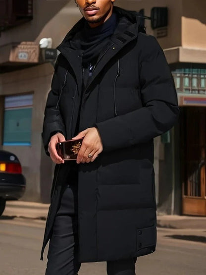 Mens Hooded Cold Weather Jacket in Long Style with Front Closure and Outer Pockets