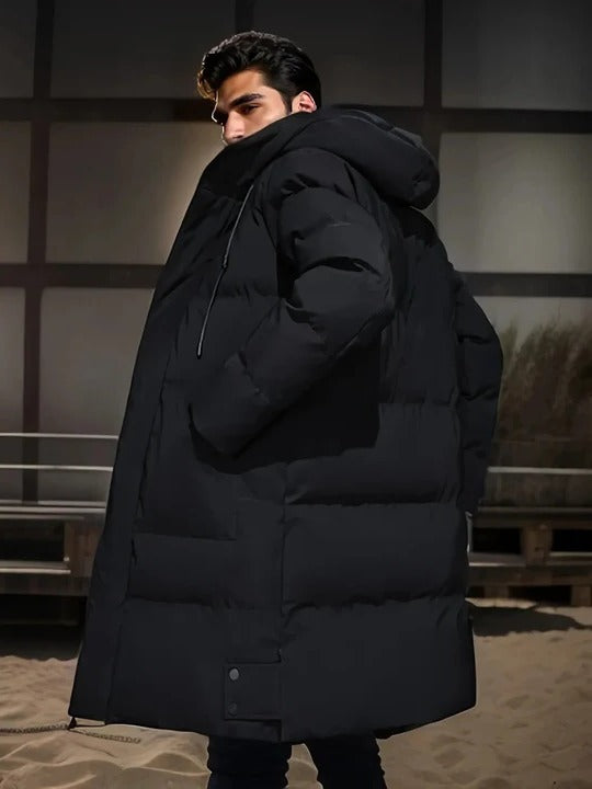 Mens Hooded Cold Weather Jacket in Long Style with Front Closure and Outer Pockets