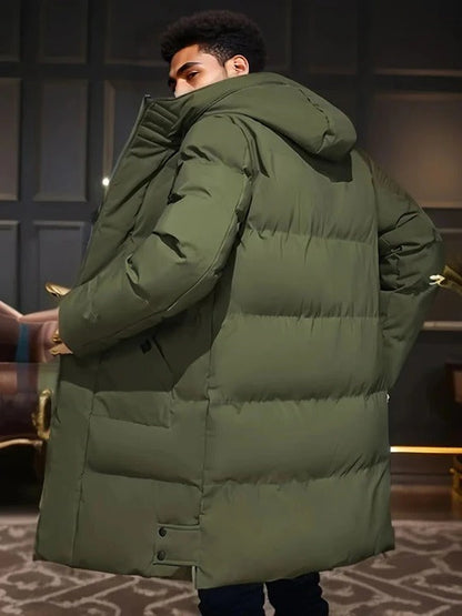 Mens Hooded Cold Weather Jacket in Long Style with Front Closure and Outer Pockets