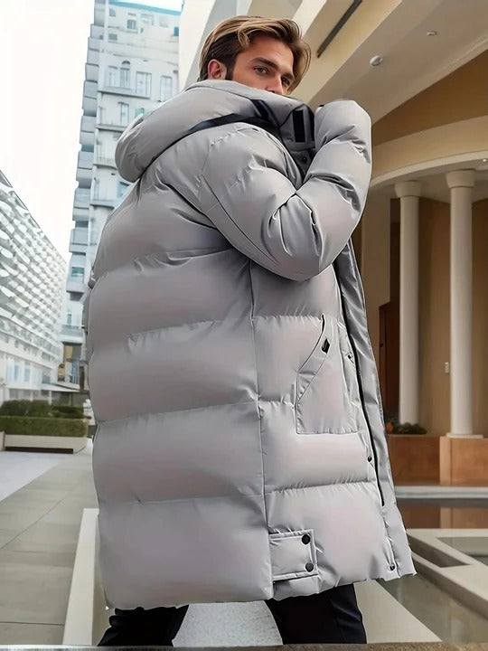 Mens Hooded Cold Weather Jacket in Long Style with Front Closure and Outer Pockets
