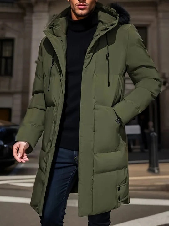 Mens Hooded Cold Weather Jacket in Long Style with Front Closure and Outer Pockets