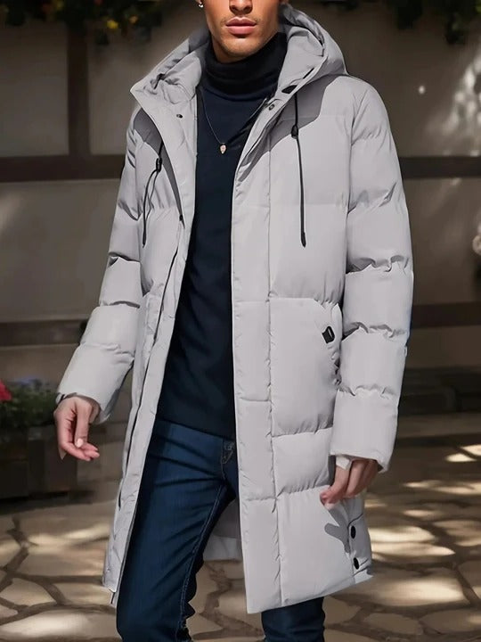Mens Hooded Cold Weather Jacket in Long Style with Front Closure and Outer Pockets