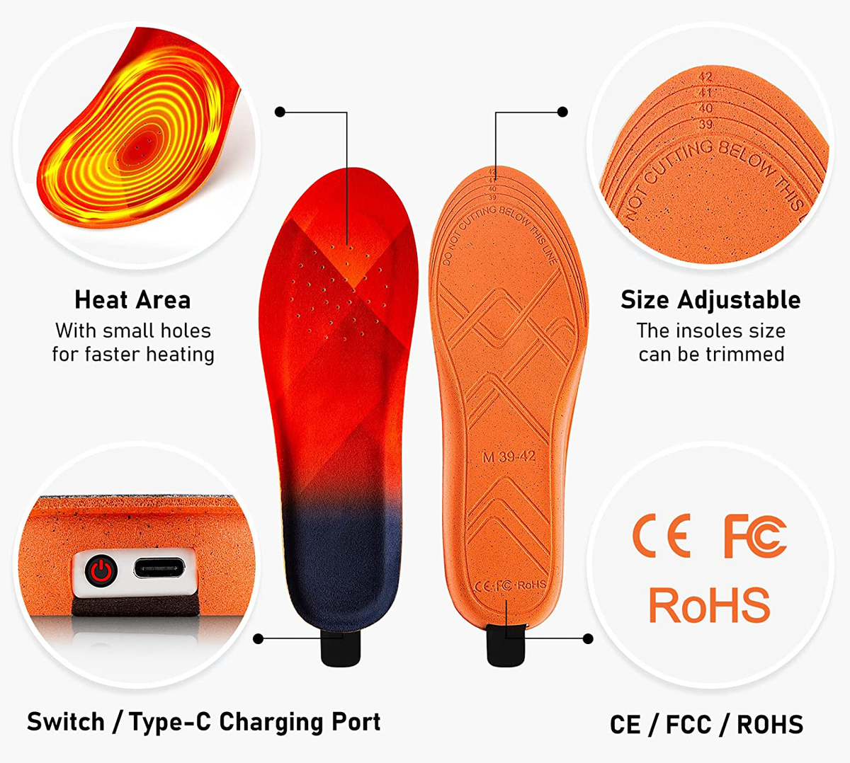 Rechargeable Heated Insoles with Three Temperature Settings and 10 Hour Battery for Cold Weather
