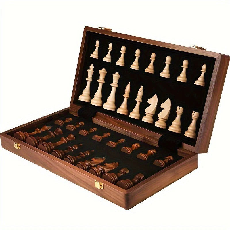 Chess Board with 34 Wooden Pieces and Aligned Grid Pattern