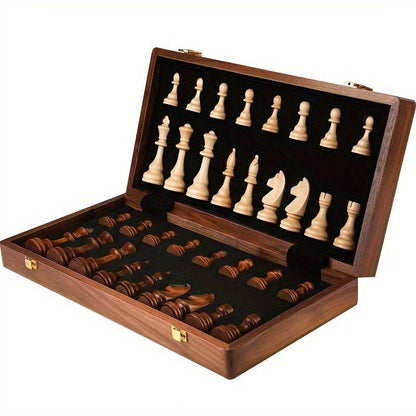 Chess Board with 34 Wooden Pieces and Aligned Grid Pattern