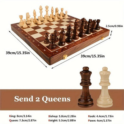 Chess Board with 34 Wooden Pieces and Aligned Grid Pattern