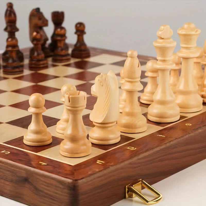 Chess Board with 34 Wooden Pieces and Aligned Grid Pattern